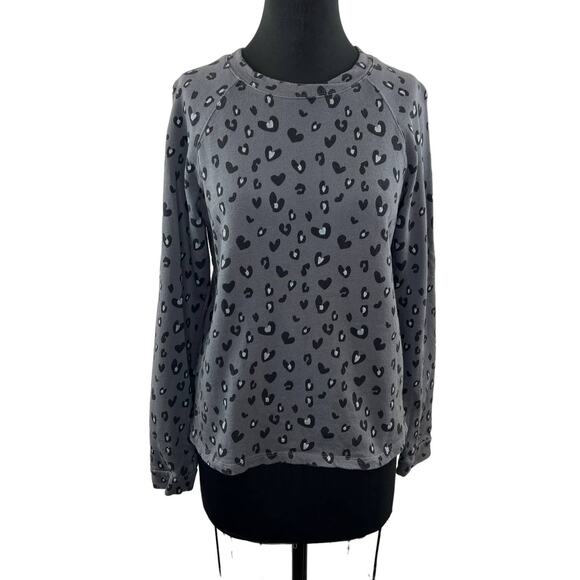 MONROW Gray Black Leopard Hearts Printed Crew Neck Sweatshirt Pullover S - Picture 1 of 9